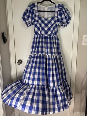 ANTONIO MELANI Blue and White Gingham Puff-Sleeve Midi Dress